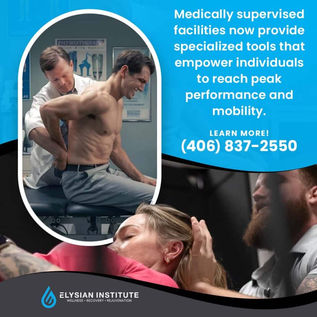 Promotional graphic from Elysian Institute noting that medically supervised facilities now provide specialized tools that empower individuals to reach peak performance and mobility. Features two overlapping photo circles: one showing a male physiotherapist performing manual physical adjustments on a shirtless athlete’s back, and another of a bearded male practitioner evaluating a female patient. Includes a call to action to call (406) 837-2550.