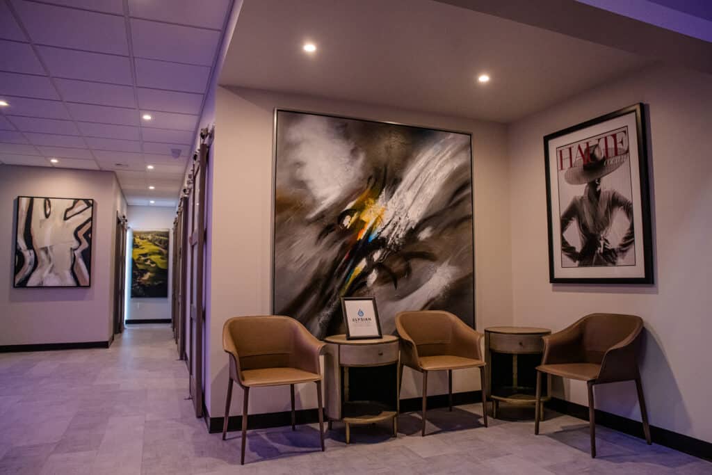 Modern reception lounge with seating and wall art at Elysian Institute