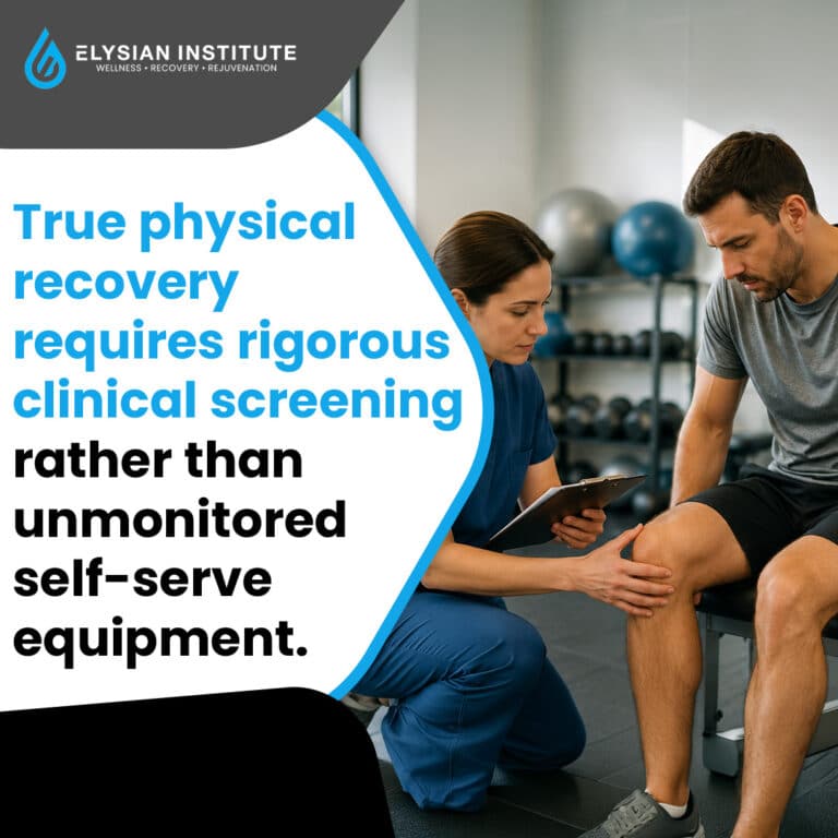 A healthcare provider in blue scrubs evaluating a male athlete's knee joint during a clinical physical recovery screening alongside text about rigorous clinical assessment.