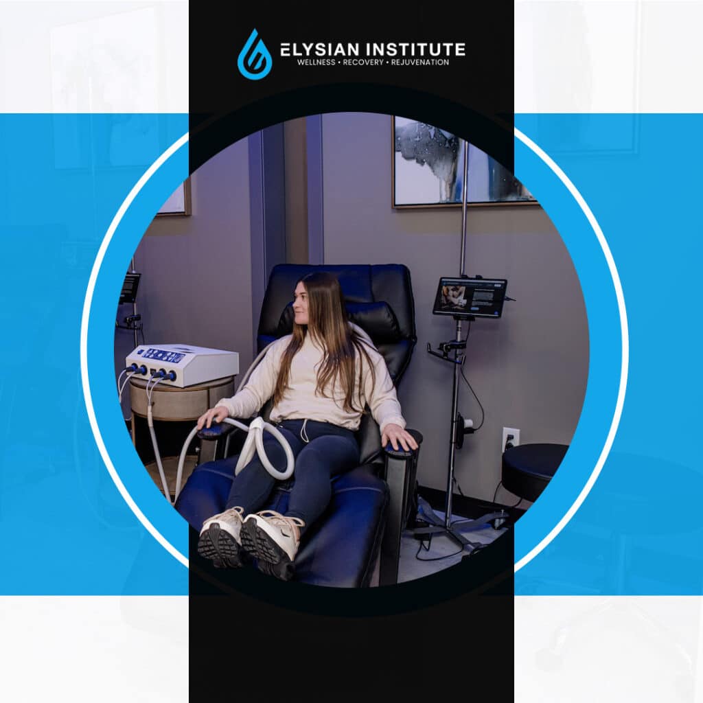 A woman relaxing in a leather recliner while undergoing a specialized wellness and recovery treatment session in a therapy suite.
