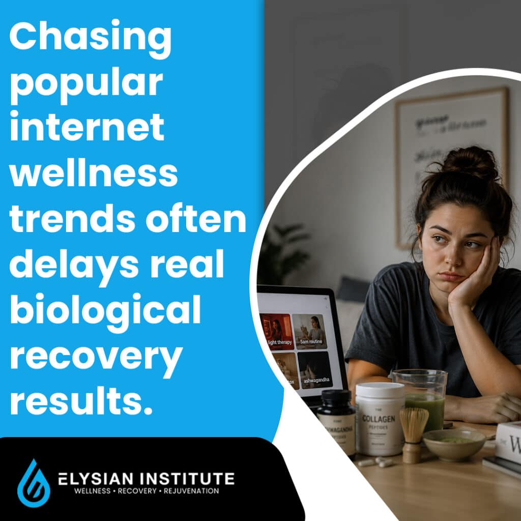 A tired young woman leaning her head on her hand at a desk with supplements, matcha, and a laptop displaying online health routines beside text about internet wellness trends.