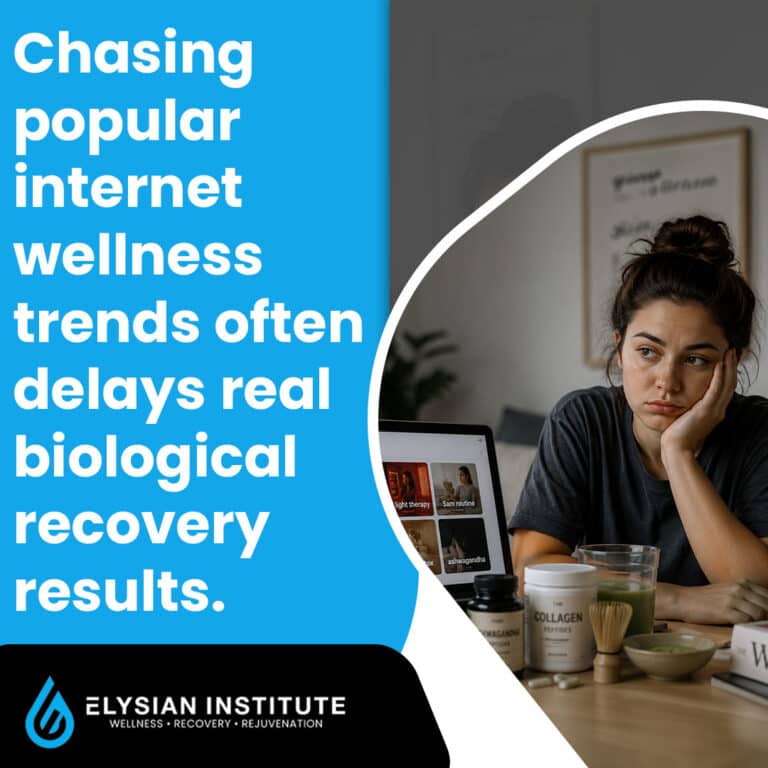A tired young woman leaning her head on her hand at a desk with supplements, matcha, and a laptop displaying online health routines beside text about internet wellness trends.