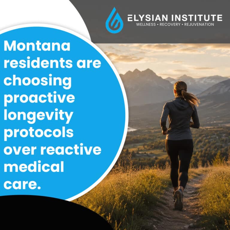 A woman trail running on a mountain path during sunset next to text promoting proactive longevity protocols in Montana.