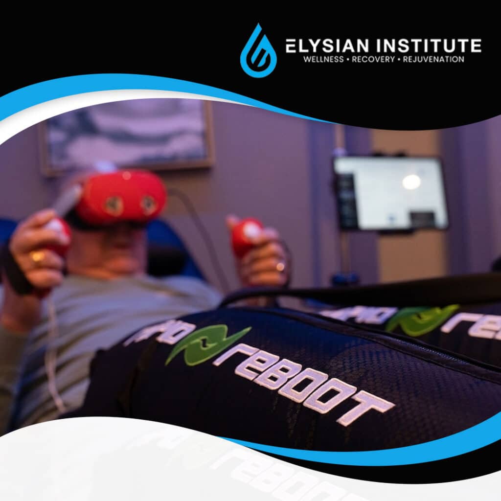 A patient using Rapid Reboot pneumatic compression leg sleeves and a red VR headset in a clinical wellness lounge.