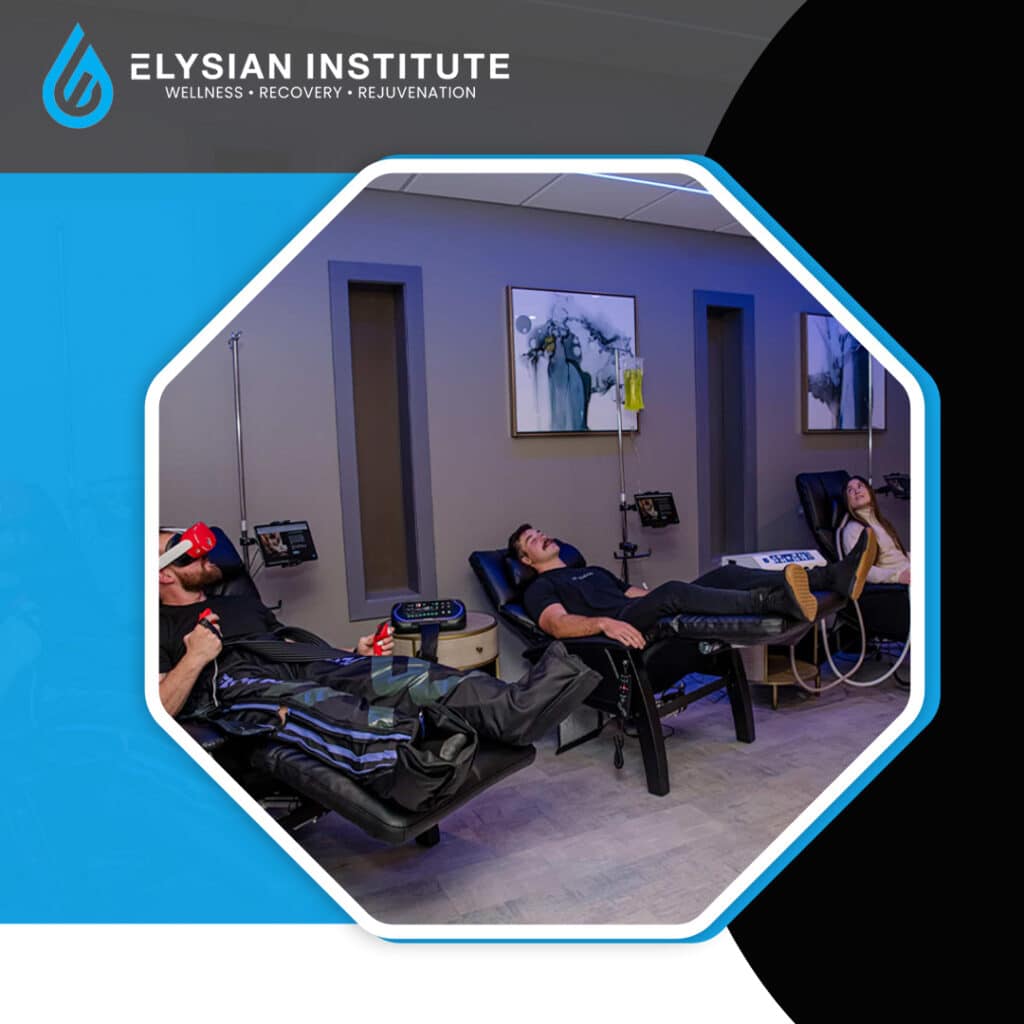 Patients relaxing in recliners inside a modern wellness recovery lounge using compression therapy boots, IV drips, and VR headsets.