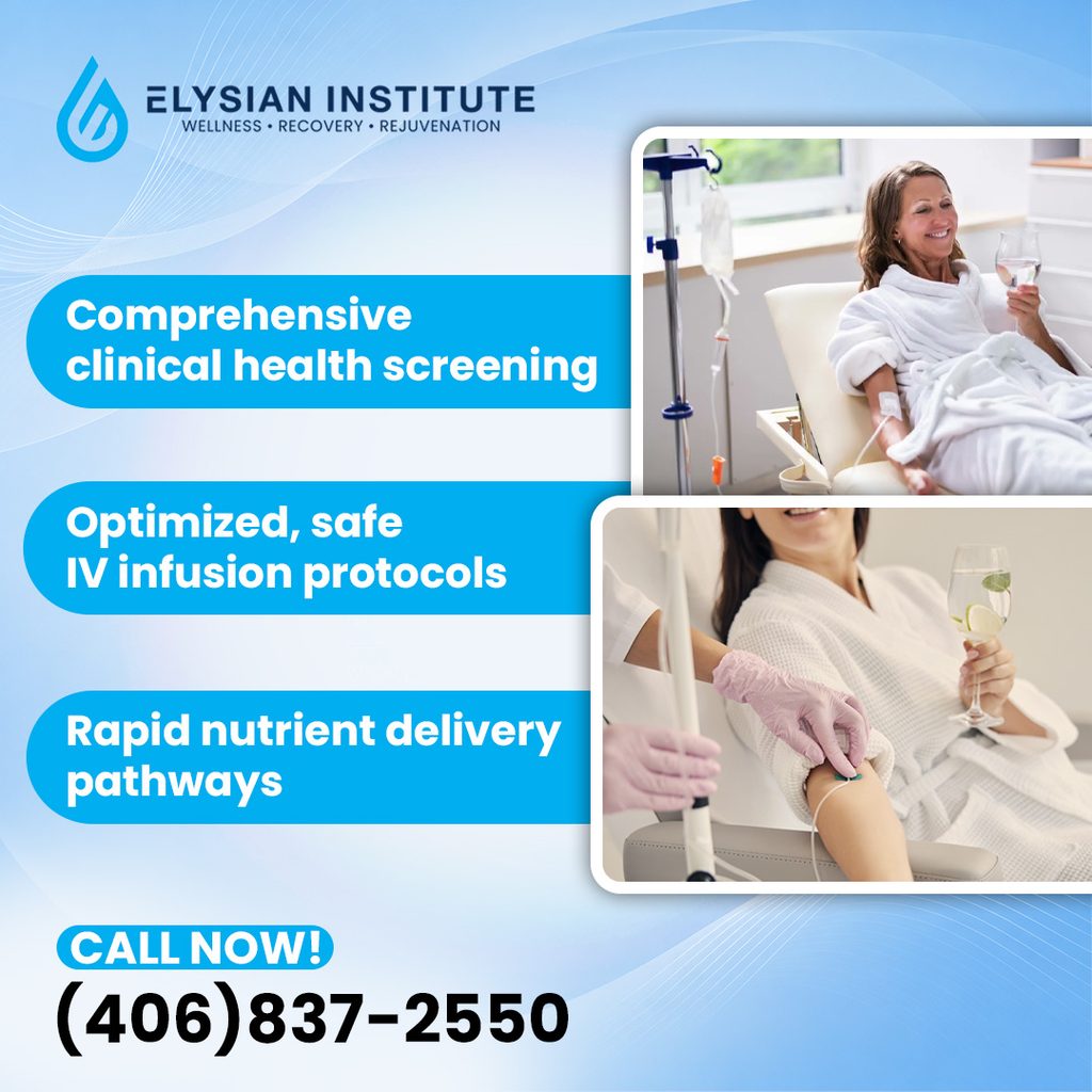 Women receiving customized IV vitamin infusions in comfortable treatment chairs alongside bullet points for clinical health screening, safe protocols, and rapid nutrient delivery.