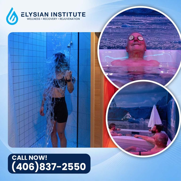 A collage showing contrast wellness therapies, including a woman standing under a cold plunge shower and men relaxing in a recovery ice bath facility.