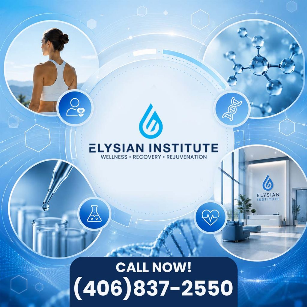 Elysian Institute branding graphic featuring circular insets of an athletic woman, molecular structures, a modern wellness clinic lobby, and laboratory dropper testing.