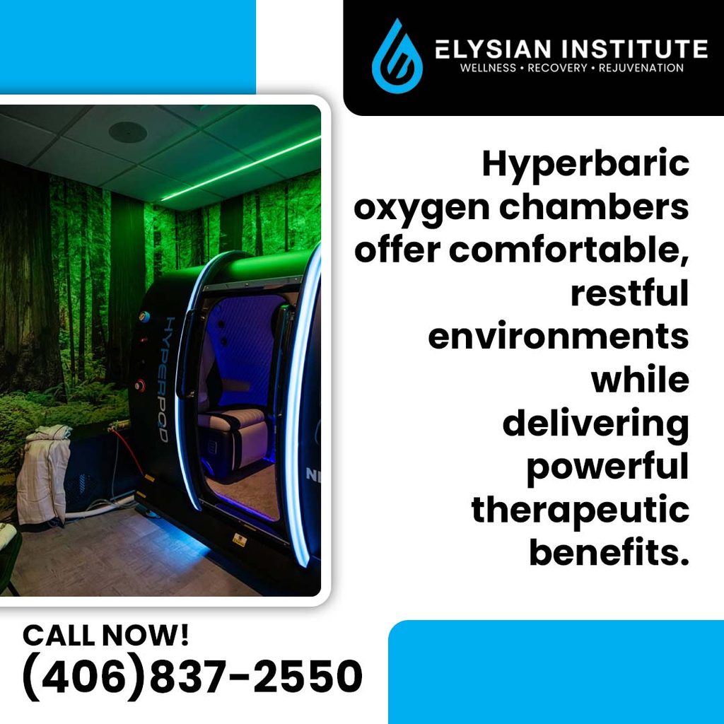 A luxury HyperPod hyperbaric oxygen chamber with soft LED interior lighting in a wellness recovery room with forest-themed wall murals.