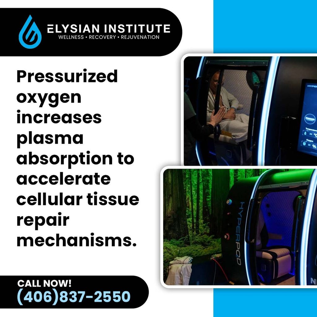 A patient receiving therapy inside a modern HyperPod hyperbaric oxygen chamber with an open interior view beside text explaining pressurized oxygen absorption for cellular tissue repair.