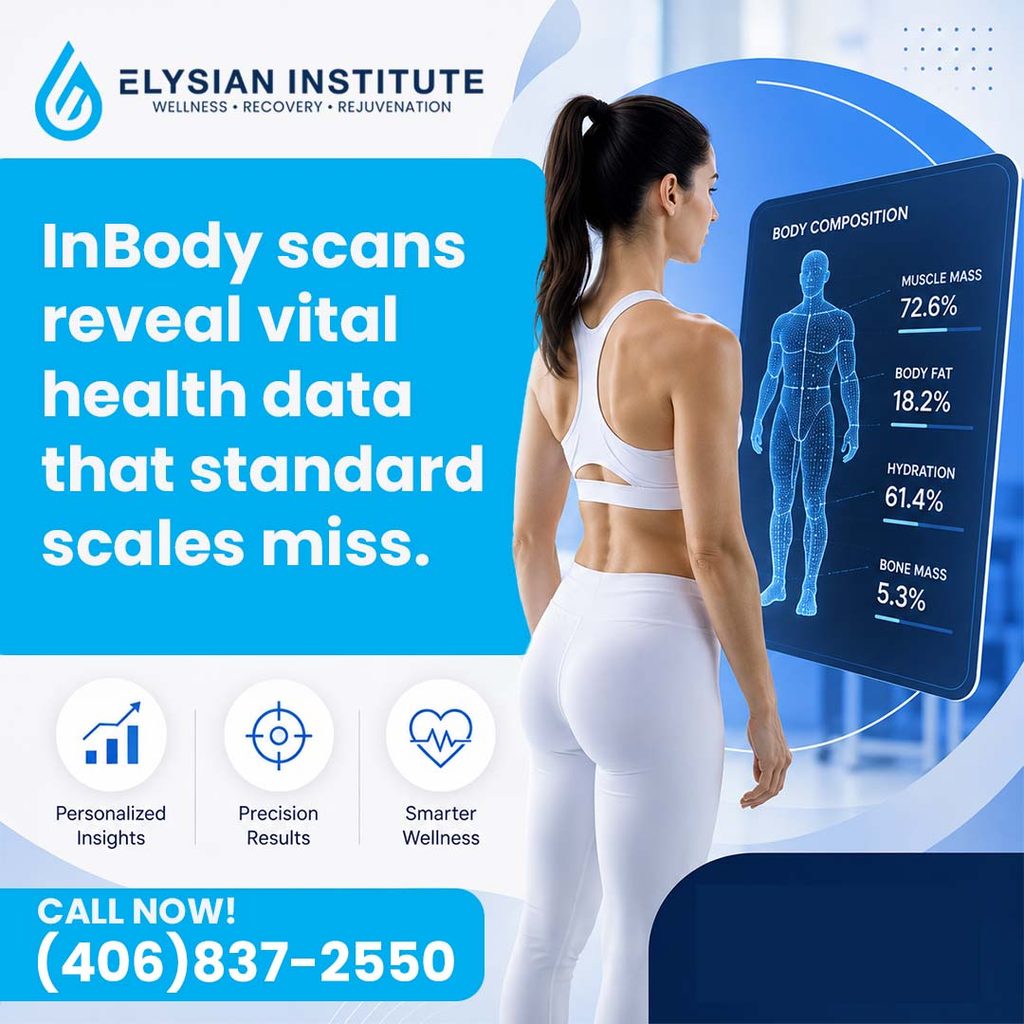 A fit woman in white athletic wear looking at a digital screen displaying InBody scan metrics including muscle mass, body fat, hydration, and bone mass percentages.