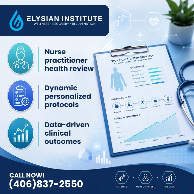 A medical clipboard displaying personalized biomarker scores, treatment protocols, and clinical outcome graphs next to a stethoscope and service bullet points.