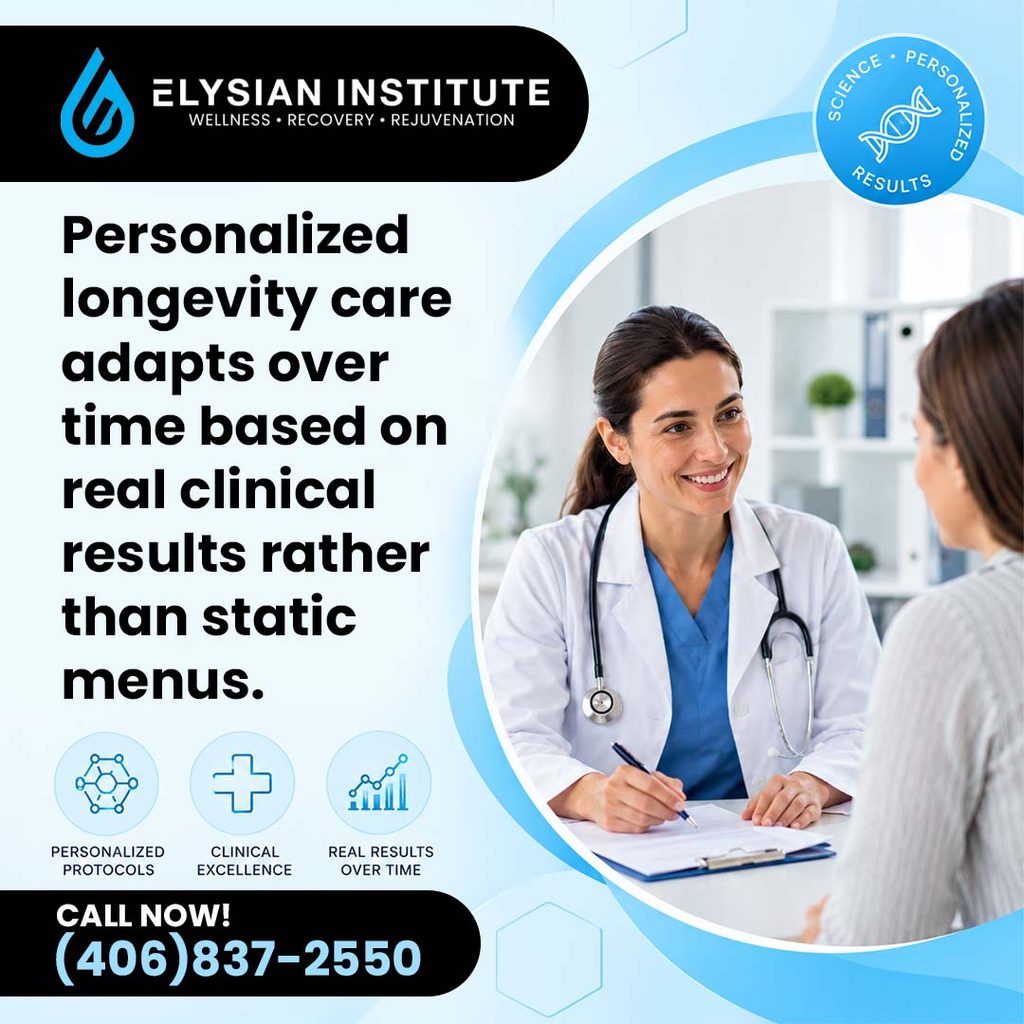 A smiling female doctor in scrubs and a white coat consulting with a patient across a clinic desk alongside icons for personalized health protocols and clinical results.