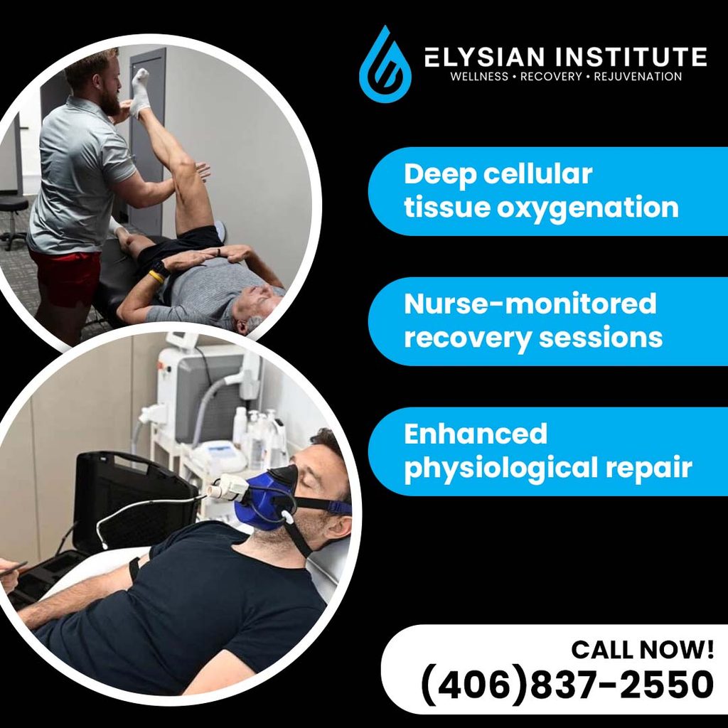 Circular insets showing a practitioner performing assisted leg stretches on a patient and a man undergoing monitored oxygen mask therapy beside wellness benefit bullet points.