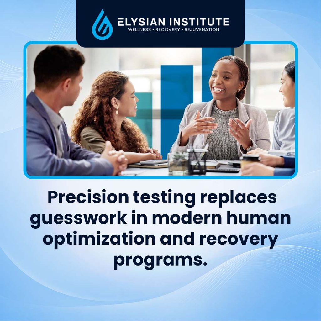 A group of professionals collaborating and smiling around a conference table with an overlaid bar graph and text highlighting precision testing for human optimization.