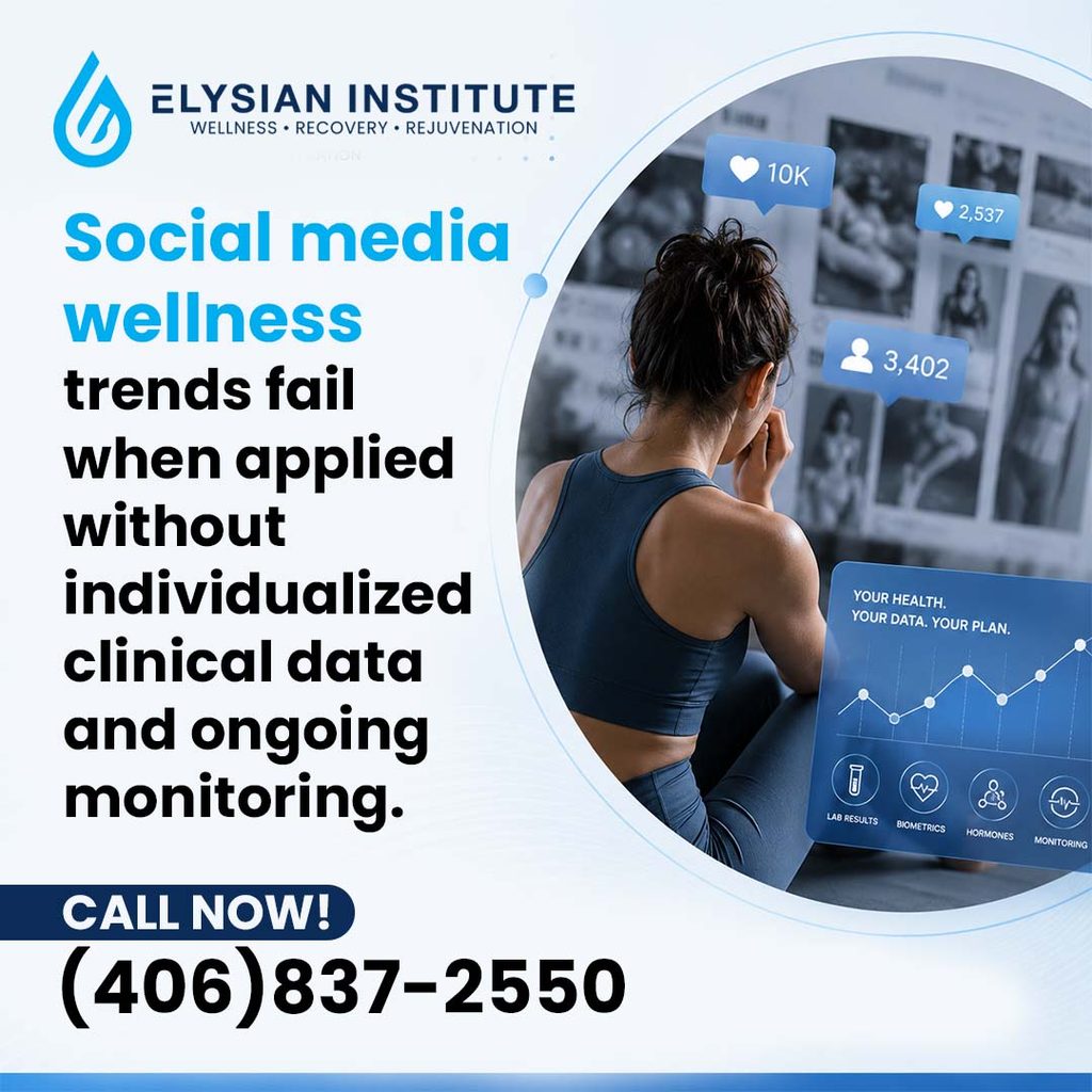 A woman looking at a wall of social media fitness posts while viewing a digital health dashboard tracking lab results, biometrics, and hormone data.