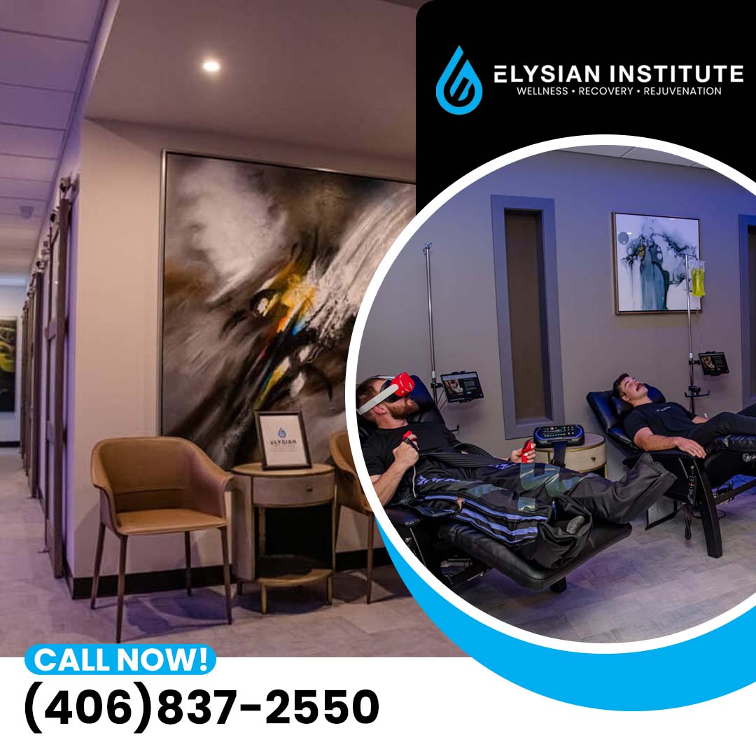 Interior of the Elysian Institute wellness clinic hallway beside an inset showing clients relaxing in recliner chairs undergoing IV therapy and leg compression recovery.