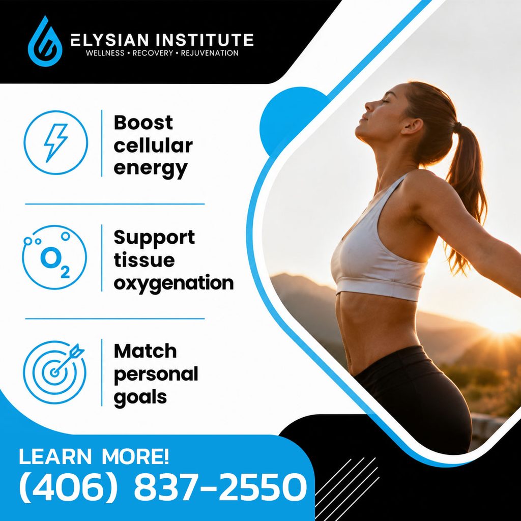A fit woman stretching outdoors in sunrise sunlight next to icons highlighting benefits to boost cellular energy, support tissue oxygenation, and match personal wellness goals at Elysian Institute.