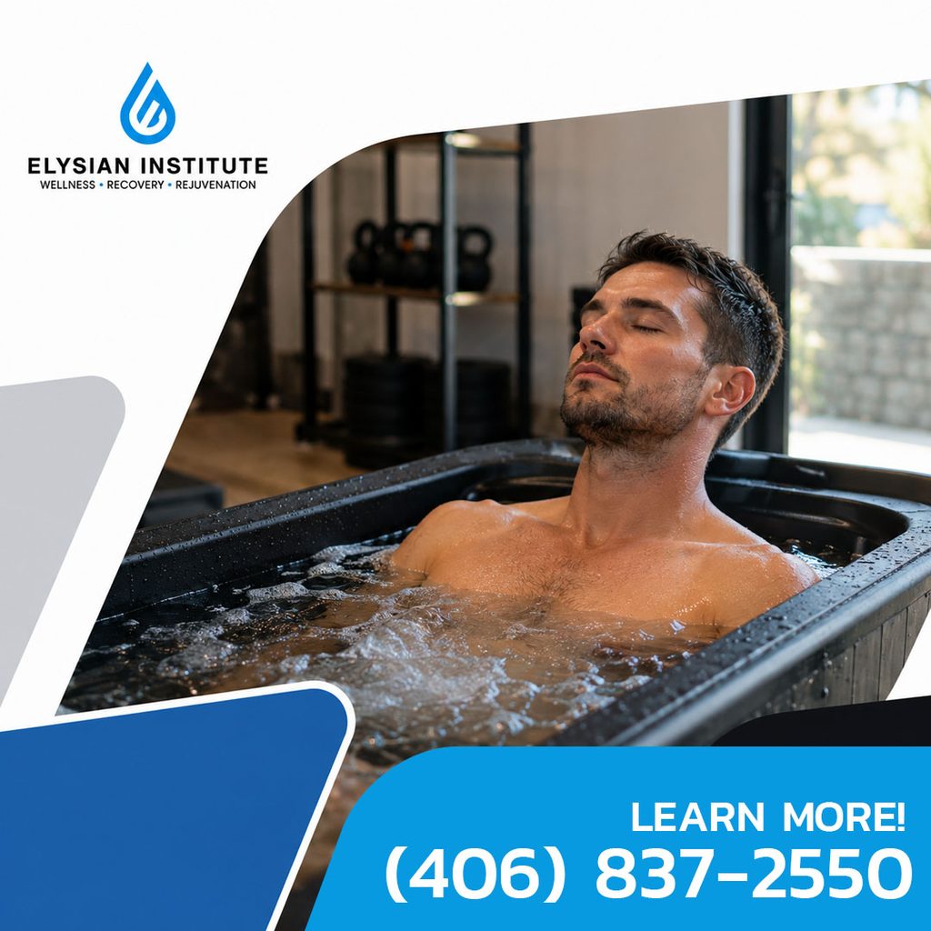 A relaxed man undergoing cold plunge ice bath therapy at Elysian Institute Wellness, Recovery, and Rejuvenation center.