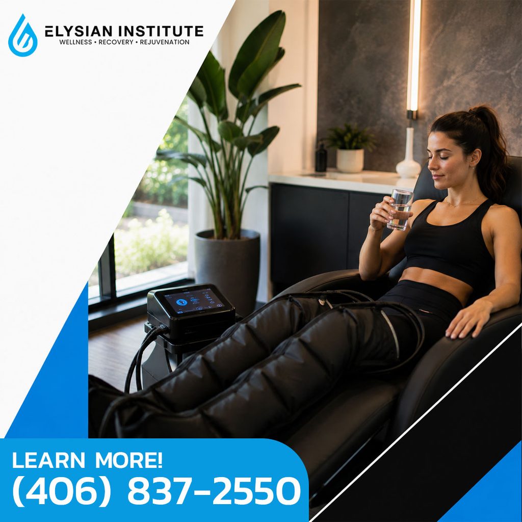 A woman drinking water while undergoing pneumatic leg compression therapy in a lounge chair at Elysian Institute Wellness, Recovery, and Rejuvenation center.