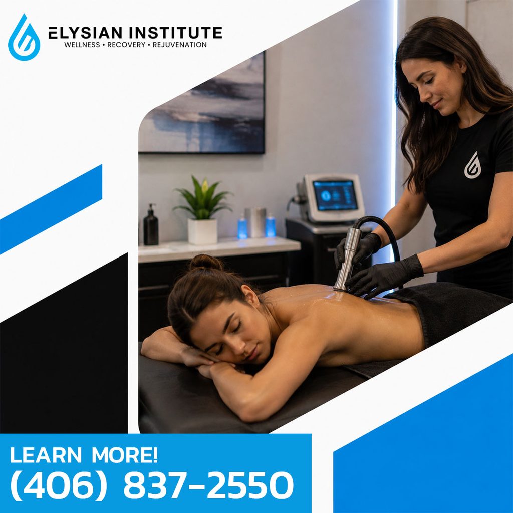 A practitioner performing localized cryotherapy therapy on a female client's back at Elysian Institute Wellness, Recovery, and Rejuvenation center.